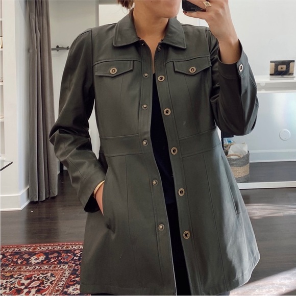 Anthropologie Maeve Kellie Olive Green Faux Leather Coat Removable Fur Collar - Picture 4 of 13